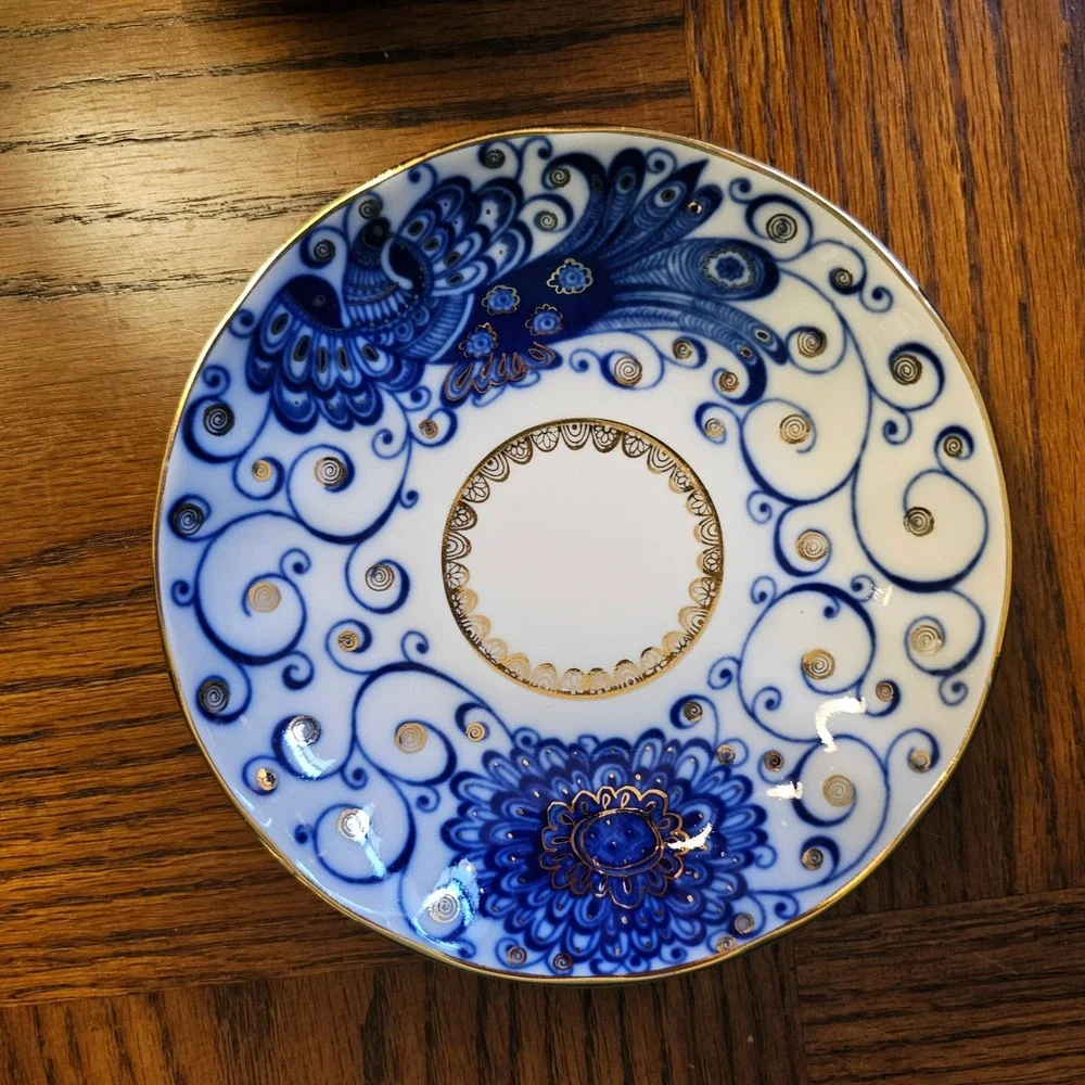 Lomonosov Imperial Porcelain Firebird Tea Cup Saucer Set Cobalt Blue Gold USSR